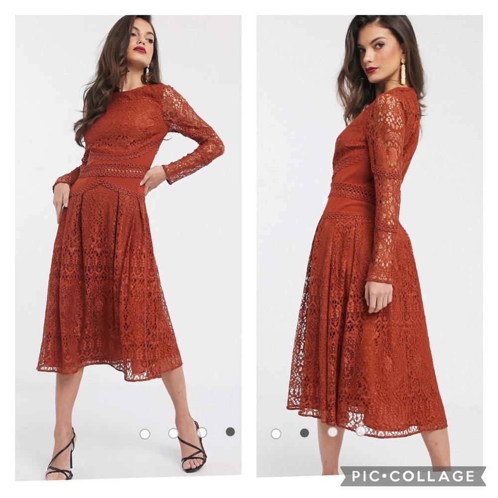 NEW! ASOS DESIGN Long Sleeve Burnt Dark Orange Lace Midi Dress. Size 12